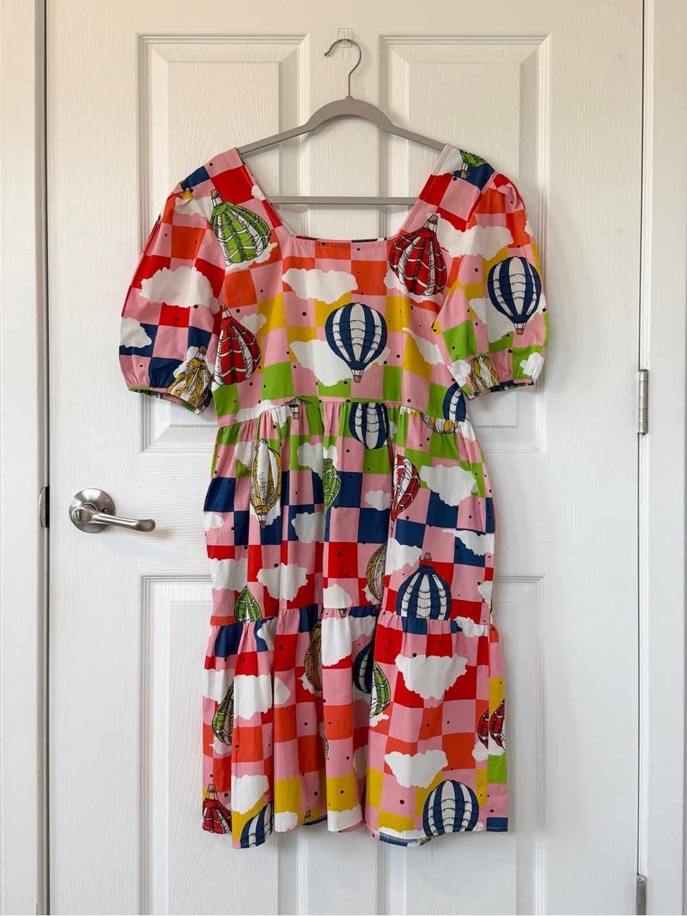 Maude Vivante Hot Air Balloon Printed Square Neck Dress -Puff Sleeves & Pockets